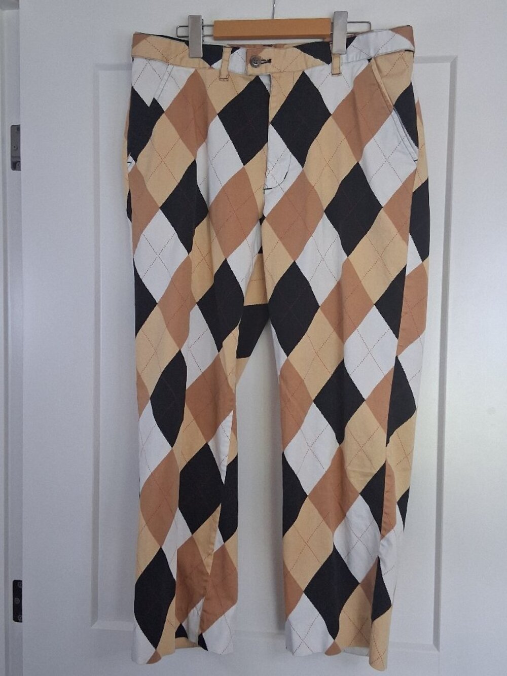 Loudmouth Golf Pants Mens 35 Argyle Black Tan White Diamond Loud Retro